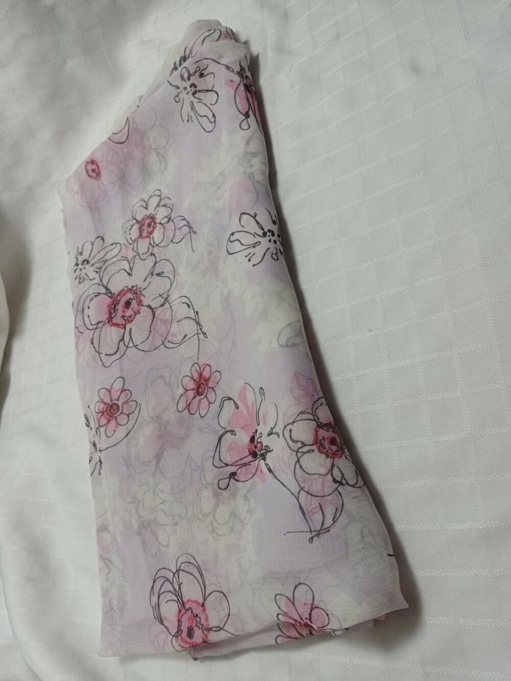 Pinkish-white cotton-silk scarf with pink flowers and black lines